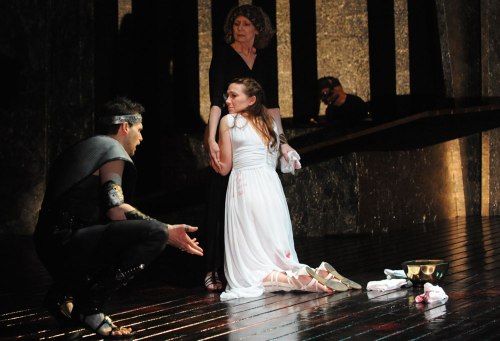 Matthew Schleigh, Megan Dominy, and Rena Cherry Brown in The Love of the Nightingale. Photograph by Stan Barouh.